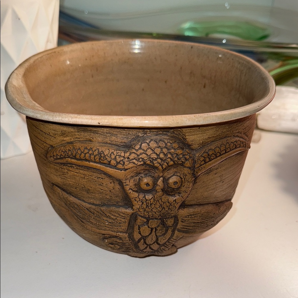 Vintage Handcrafted rustic Brown Owl Pottery Bowl signed boho plant pot